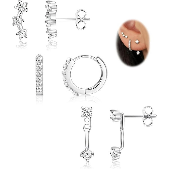3 Pairs 925 Sterling Silver Hypoallergenic Earrings Set for Multiple Piercing Dainty 14K Gold Plated Stud Huggie Small Hoop Earrings for Women Trendy Cute Earring Stacks for Sensitive Ears