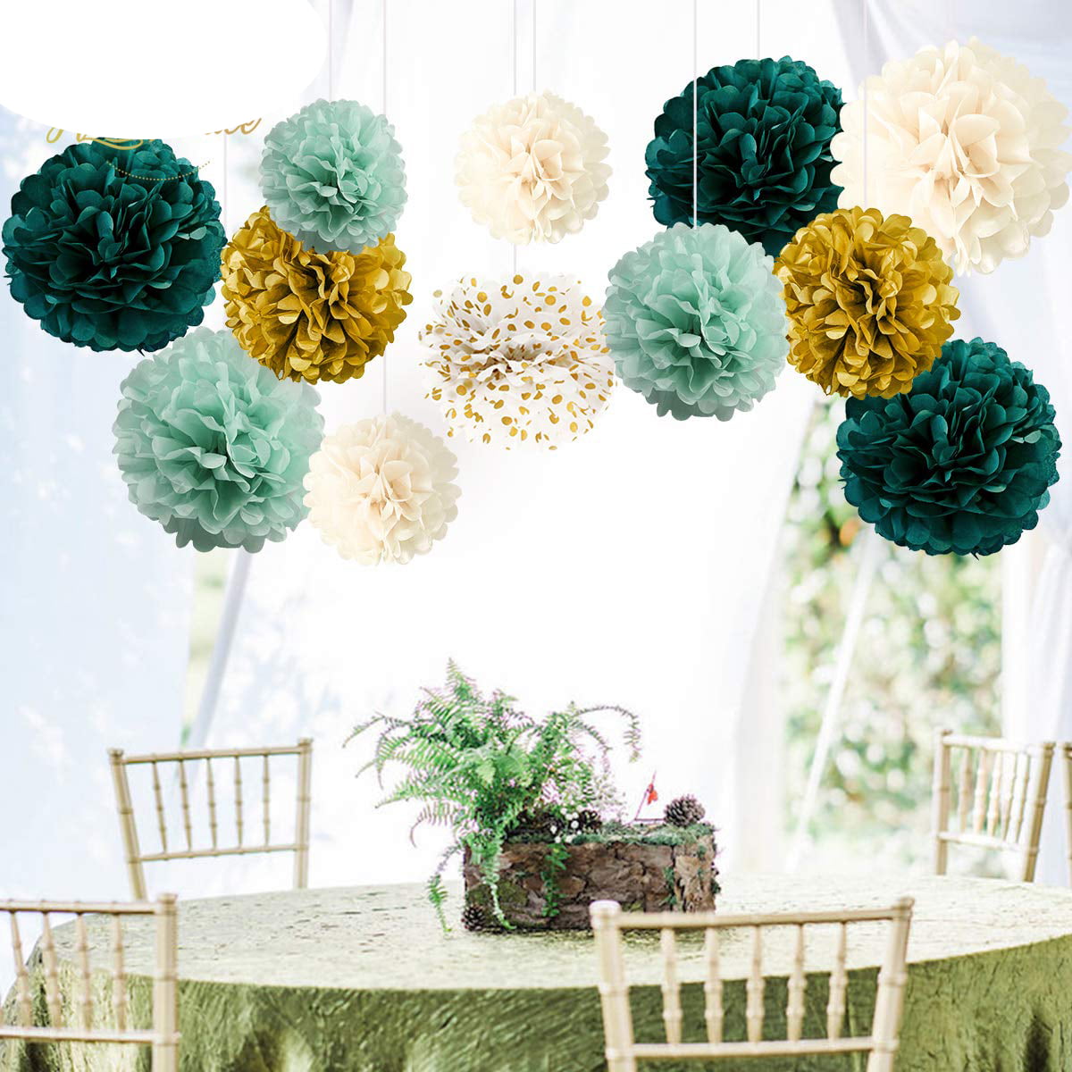Pom Pom Set of 16 Sage Green Tissue Paper Pom Poms Dusty Green Paper  Flowers Wedding Decor Cream and Green Party Decor 