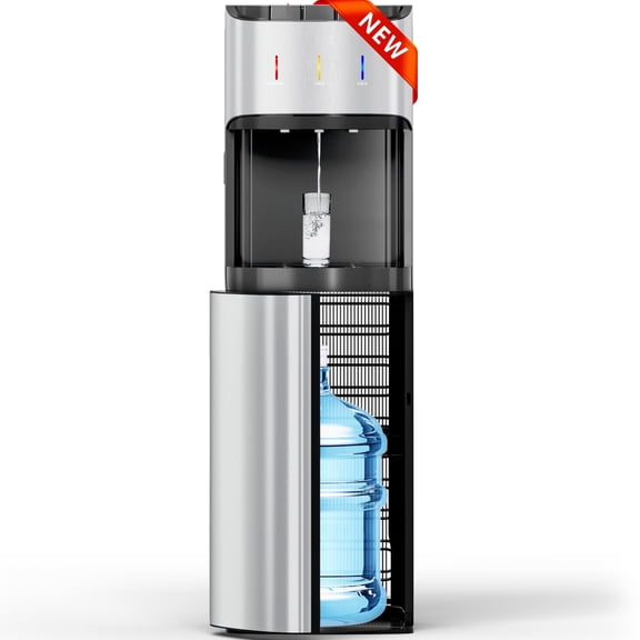 Patiosunny Bottom Load Water Cooler Dispenser for 5 Gallon Bottles, 3 Temperatures (Hot, Cold, and Room), Rapid cooling, LED Lighting, Empty Bottle Alert, Silver