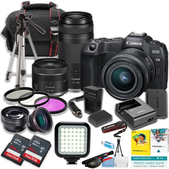Canon EOS R8 Mirrorless Camera w/24-50mm and RF 75-300mm Lens   2pc SanDisk 64GB Ultra Memory Card   LED Light   Tripod   More (21pc Bundle) (International Version)