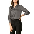 thumbnail image 4 of INSPIRE CHIC Women's Button Up Shirts Puff Long Sleeves Vintage Satin Wear-to-Work Blouse XS Grey, 4 of 6