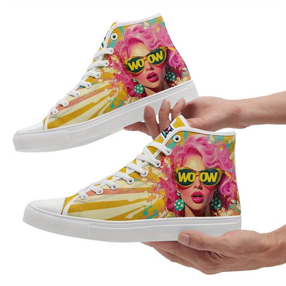 Coolcustomize Men's Bold Pop Art High Top Sneakers - Pink-Haired Girl Print, Street Art Design Trainers, Non-Slip Rubber Sole Casual Shoes for Casual Attire, Casual Footwear | Bold Graphic Boots
