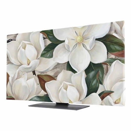 Indoor Elastic TV Cover, White Magnolia Blossom Dust Proof TV Screen Slipcover Protection, Spring Floral Flowers Farmhouse Stretch Waterproof Monitor Fitted 24" TV Covers for Inside