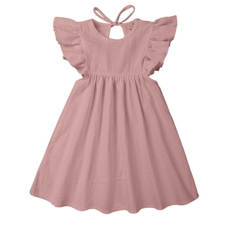 

Kids Girls Toddler Soild Fly Sleeves Lace Princess Girls Dress Cloths For 12-24 Months