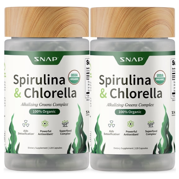 Snap Supplements Organic Chlorella Spirulina Capsules - Plant Vitamins, Super Greens, 120 Capsules, 2-Pack