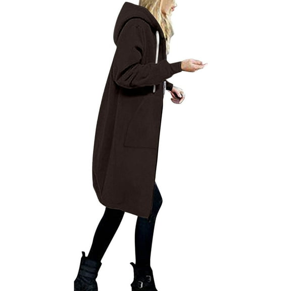 Luwomo Womens' Jackets Fall Winter Solid Color Drawstring Hooded Long Sleeve Zipper Loose Fit Coat with Pockets Tops Brown,L