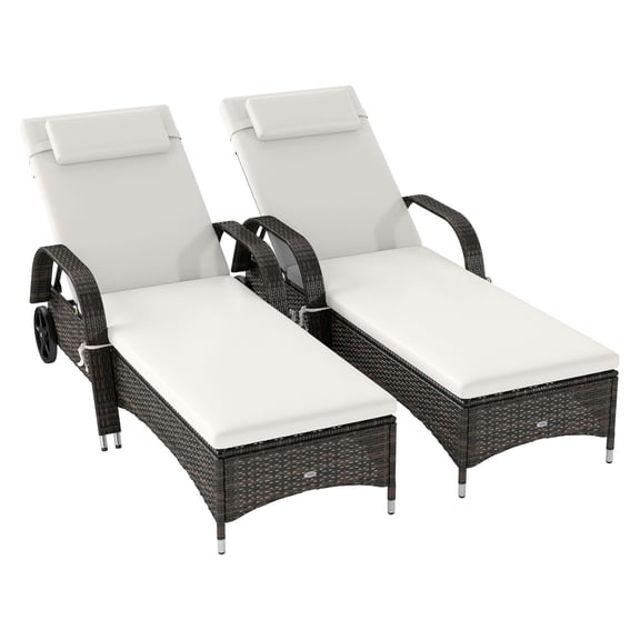 Reclining Chaise Lounge Chairs Set of 2, Outdoor Patio Loungers with Cushion & Wheels, Cream