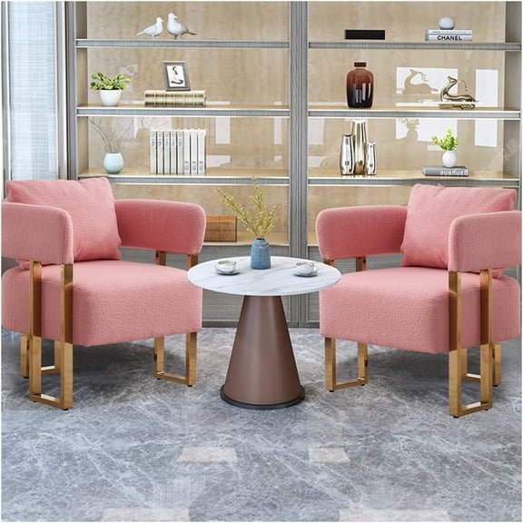 JERFIT Modern Accent Chair with Gold Metal Legs, Plush Teddy Fabric Upholstered Armchair for Living Room, Office, Dressing Area, Pink
