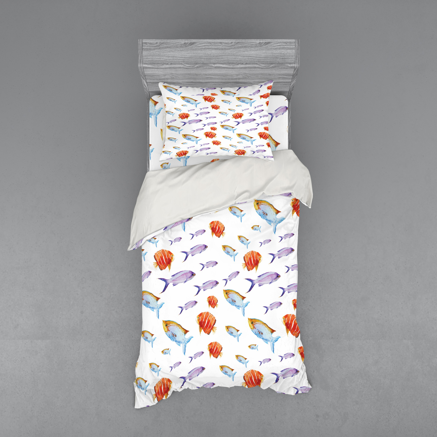 Fish Duvet Cover Set, Underwater Life Themed Art with Tropical Goldfish and Mackerel in Pastel