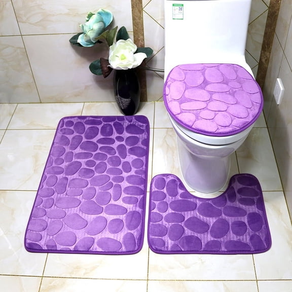 Nvzi-a 2 sets Goose stone toilet three-piece set, 3 Piece Soft and Comfortable Bath Mat Include Toilet Lid Cover, Non-Slip Absorbentb Rugs(purple）