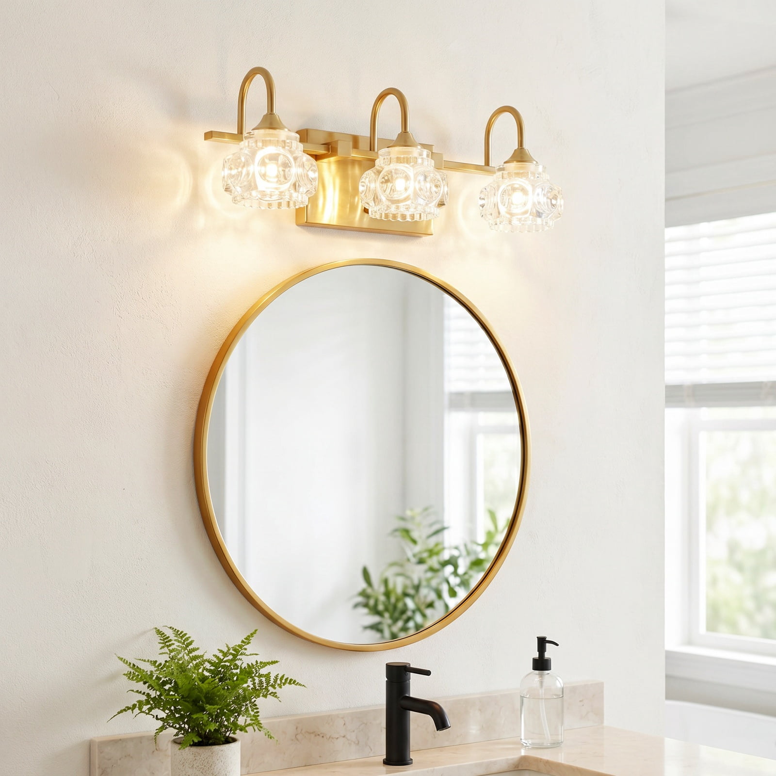 17" Modern 3-Light Crystal Bathroom Vanity Light, Gold Wall Sconce with Clear Glass Shades, Elegant Bathroom Lighting Fixtures Over Mirror, for Vanity or Powder Room (Bulbs Not Included)