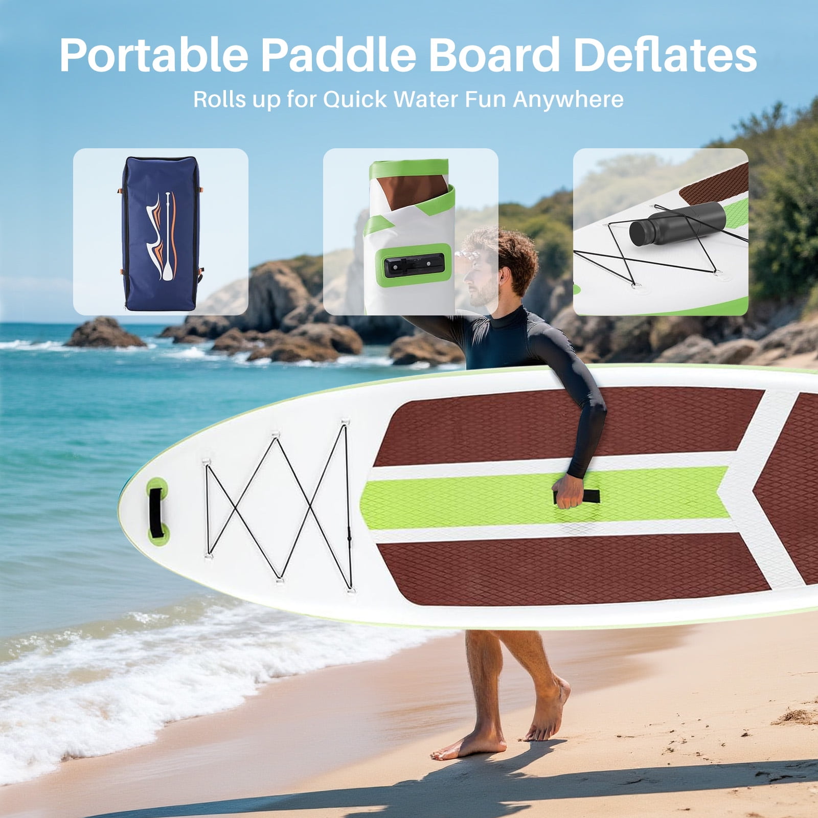 TINKLE WELL Inflatable Stand Up Paddle Board (SUP) Kit, Ultra-Stable Wide Design w/Non-Slip Deck & 2-in-1 Adjustable Paddle, Complete Set for Beginners/Experts, Youth & Adults, Brown