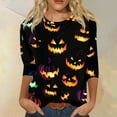 thumbnail image 2 of WTOBBY Women's Round Neck 3/4 Sleeve Halloween Print Casual T-Shirt Top Loose Fit Blouse for Fall Seasonal Wear and Everyday Fashion Outfits,Yellow 5XL, 2 of 6