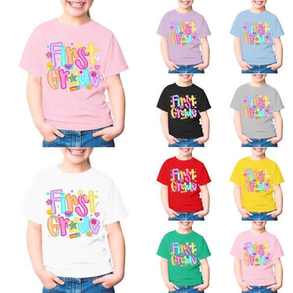 Arlun Kids Unisex First Grade Short Sleeve T-Shirts Back to School Outfits Colorful Letter Print First Day of School Graphic Tee Casual Crew Neck Tops for Girls Boys 160