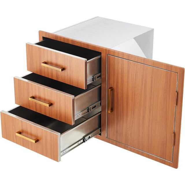 Stainless Steel Outdoor Kitchen Door Drawer Combo 38.2" W x 20.5" H x 22.6" D - Triple Drawers & Access Door, Propane Storage & Adjustable Garbage Ring, Weather-Resistant Flush Mount