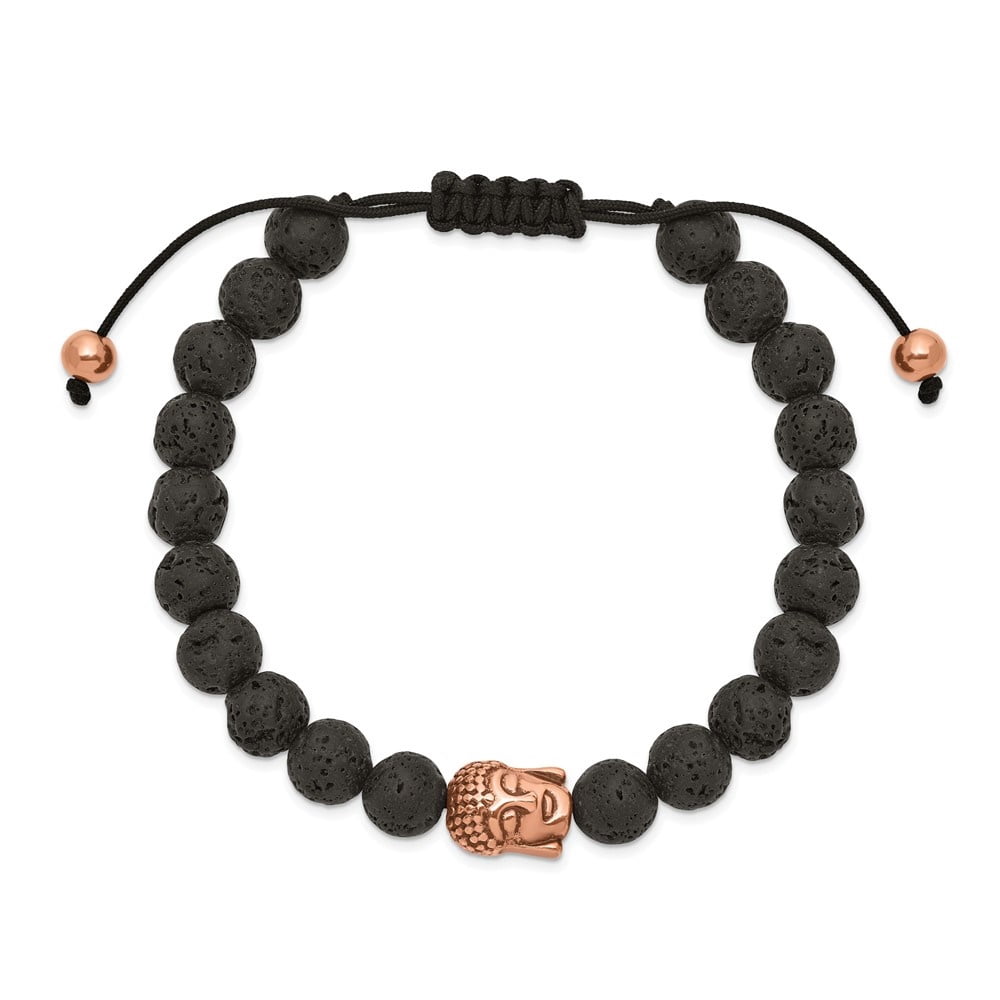 Diamond2Deal Stainless Steel Antiqued and Rose IP-Plated Buddha Lava Stone Black Macrame Adjustable Bracelet for Men