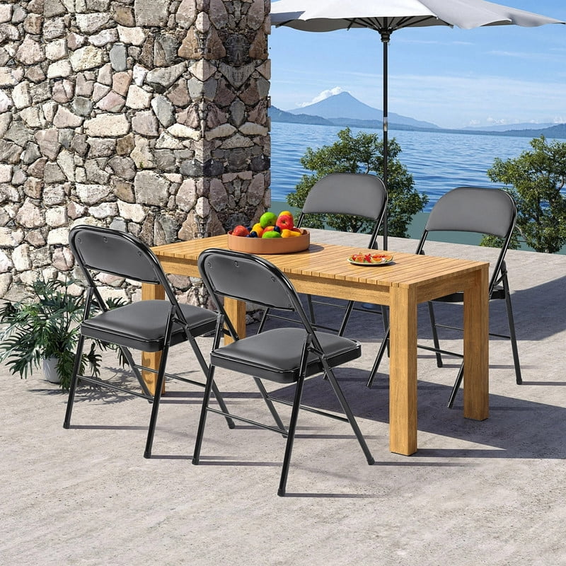 Kelno 4 Pack Folding Chair Leather Padded Seat Portable Chair, Black