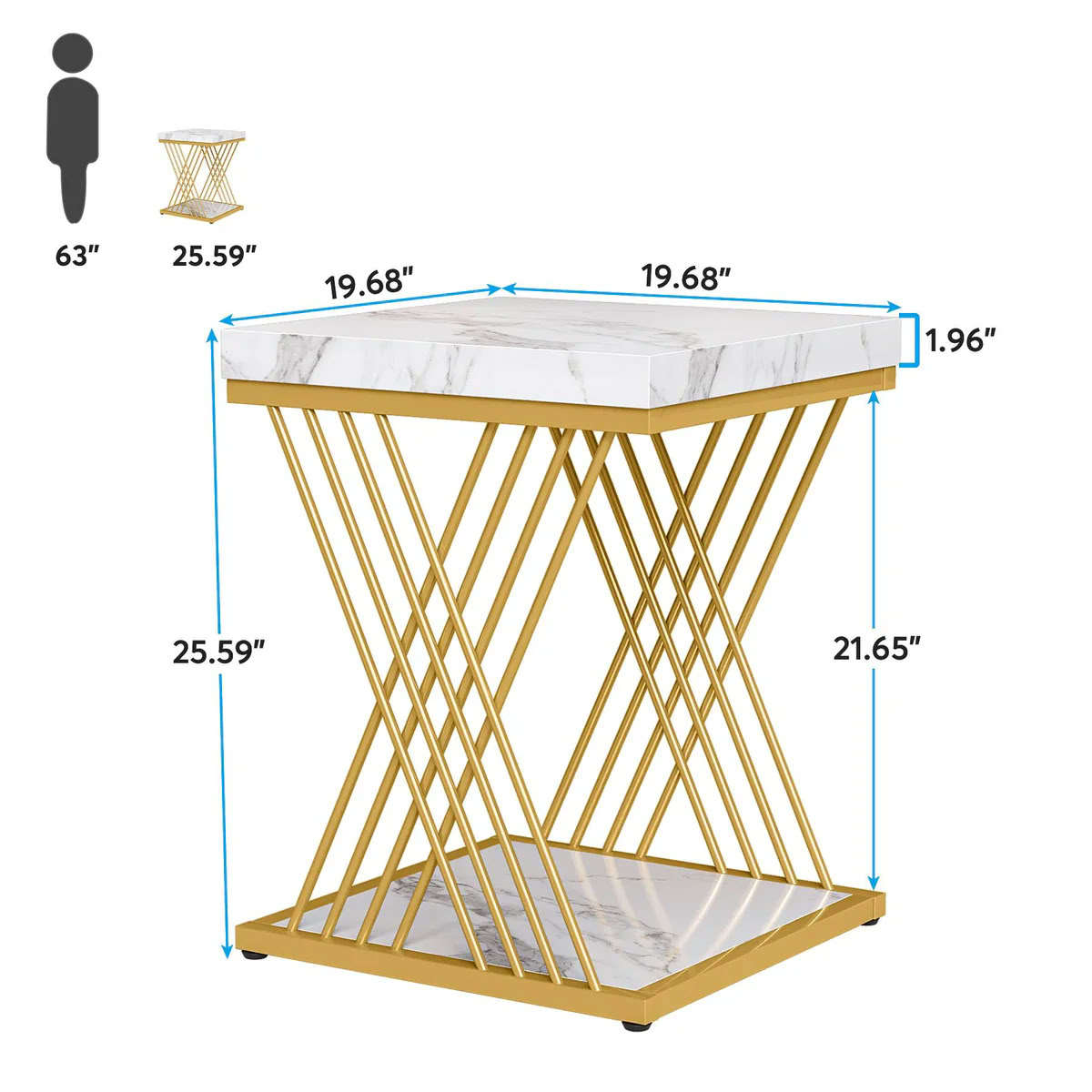 MAYEERTY 2-Tier Square End Table, Modern Gold Metal Side Table with Faux Marble Top, for Living Room, Bedroom