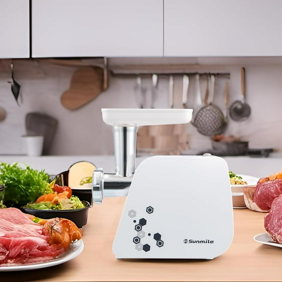Electric Meat Grinder and Sausage Maker - 1HP 1000W - Stainless Steel Cutting Blade and 3 Grinding Plates,1 Big Sausage Staff Maker, White