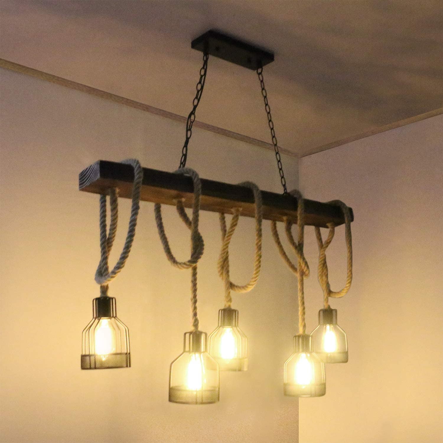Arturesthome Pendant Lights Kitchen Island Kitchen Light Fixtures Rustic Dining Room Light Fixture with 5 E26 Bulb Sockets Black Metal and Wood Beam Chandelier Ceiling Pendant Light Fixtures