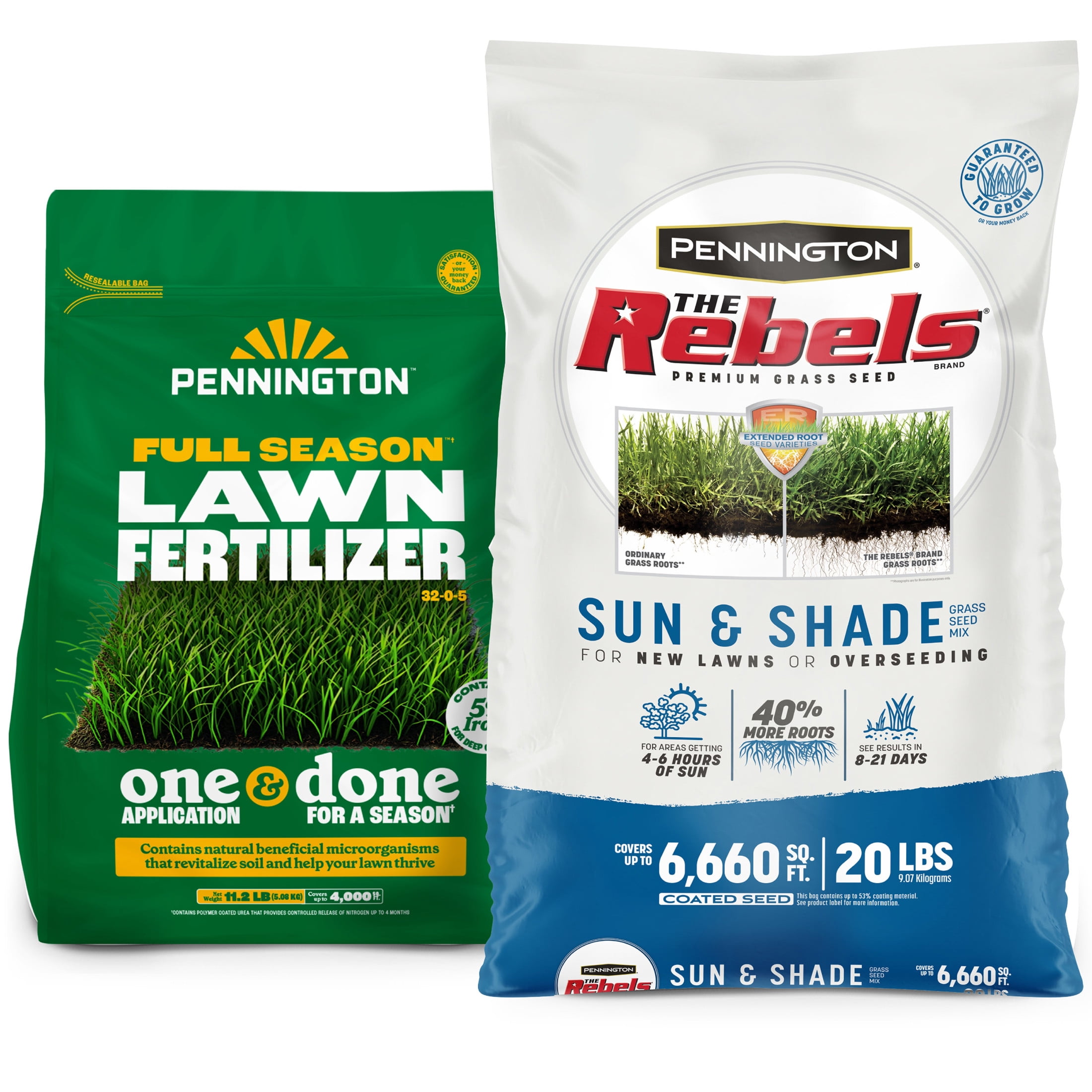 Pennington 20lb Rebels Sun & Shade & 11.2lb Full Season Lawn Fertilizer Bundle 20 Pounds