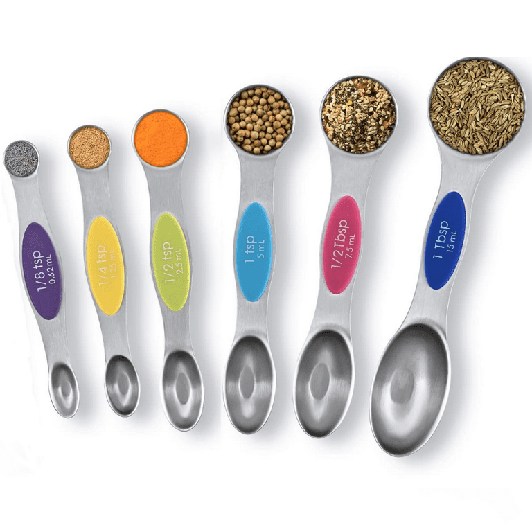 Magnetic Stainless Steel Measuring Spoons - Set of 6 Metal Measurement Spoon for Dry and Liquid Ingredients - BPA Free Teaspoon and Tablespoon for