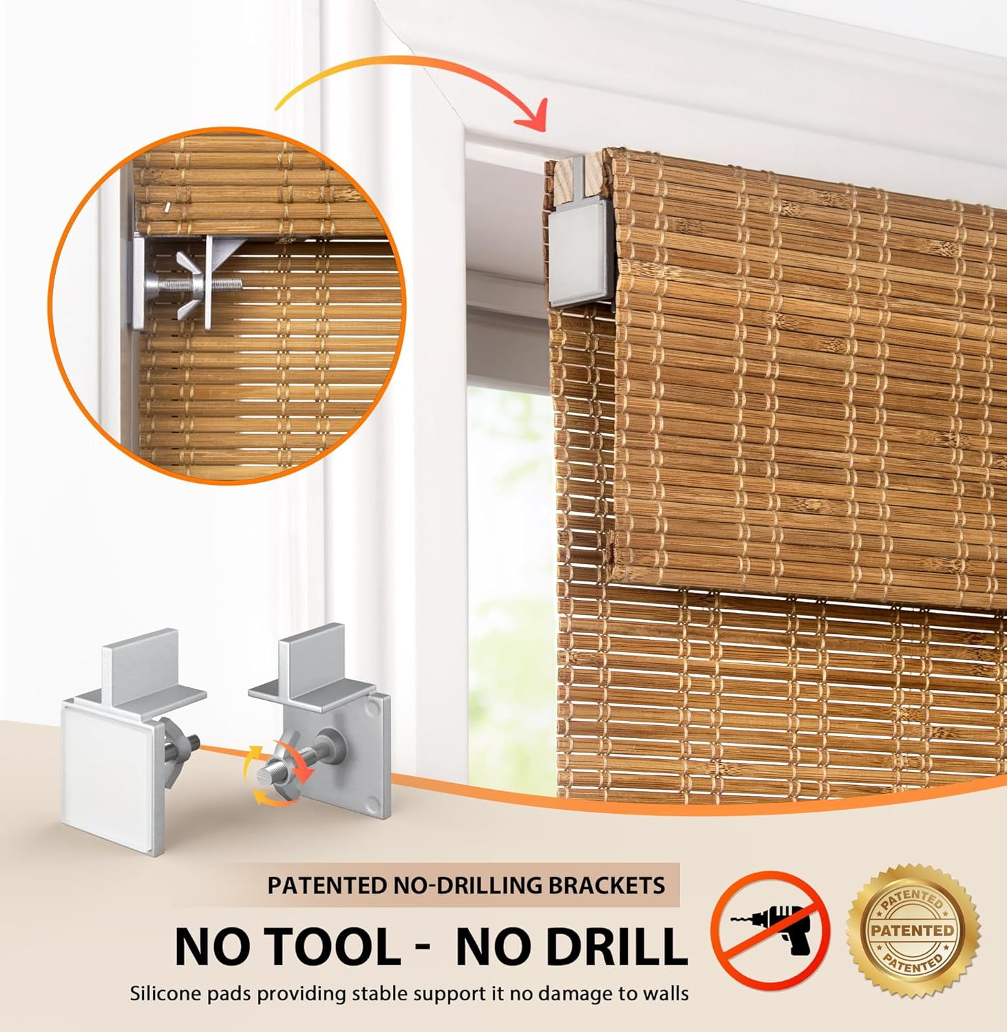 LazBlinds No Tools No Drill Cordless Bamboo Roman Shades, Light Filtering Window Treatment, Roll Up Bamboo Blinds for Window 30'' W x 64'' H, Ceylon Light Russet