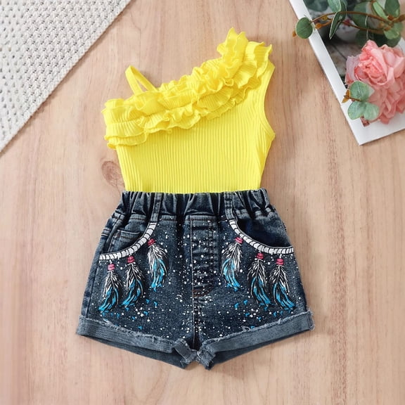 Amidoa Girls Summer Outfits 2 Piece Print Cute Short Sleeve Tank Top and Casual Shorts Kids Clothing Sets Yellow Size 2