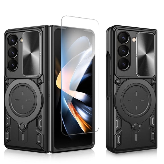 Magnetic Case for Samsung Galaxy Z Fold 8 Ultra, Rugged Protective Cover with Front Screen Protector, 360° Rotating Ring Kickstand and Sliding Camera Lens Slider
