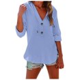 thumbnail image 4 of YWIYIUD Women Cotton Linen Lightweight Hooded Shirt Drawstring Button Down Blouses for Women Dressy Casual Short Sleeve V Neck Cardigan Summer Clothes Oversize Casual Blouses, 4 of 7