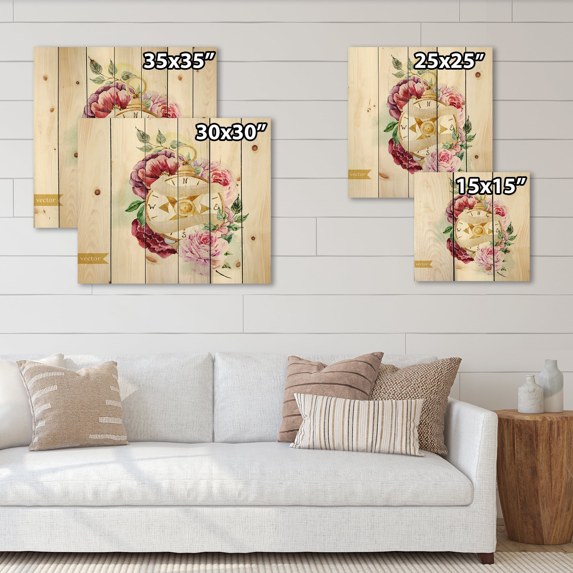 Designart 'Compass Among Flowers' Traditional Print on Natural Pine Wood