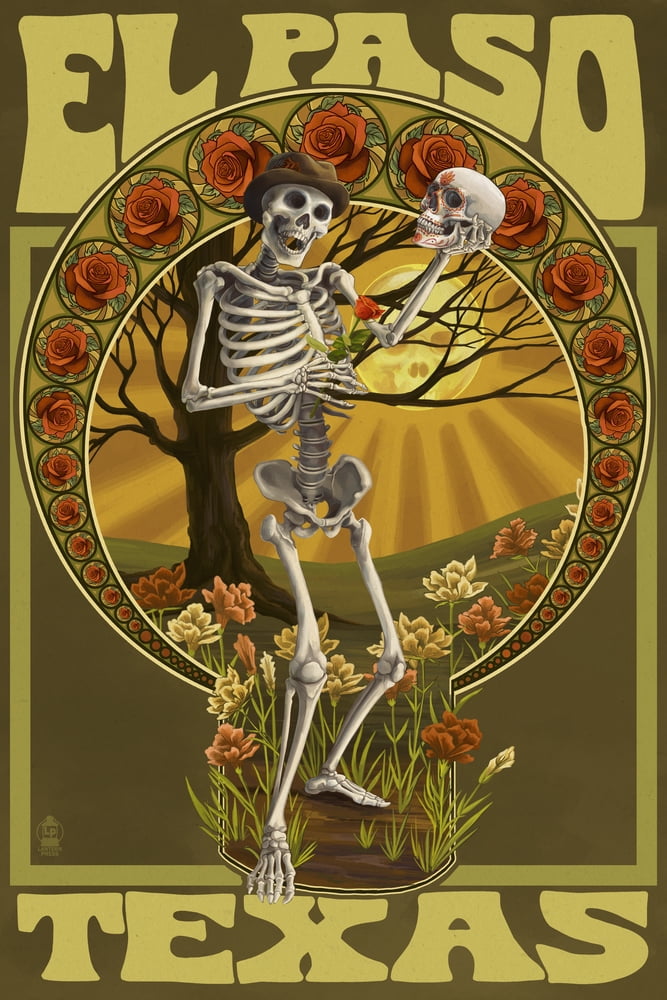 El Paso, Texas, Day of the Dead, Skeleton Holding Sugar Skull (9x12