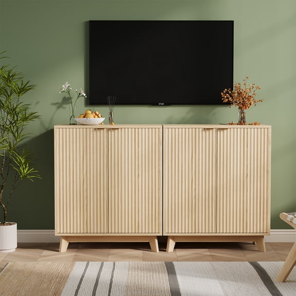 Fluted Cabinet with Storage, 2 Doors Sideboard Buffet, Mid Century Modern Accent Cabinet with Adjustable Shelves, Multifunctional Console Table with Storage for Living Room, Kitchen, Entryway