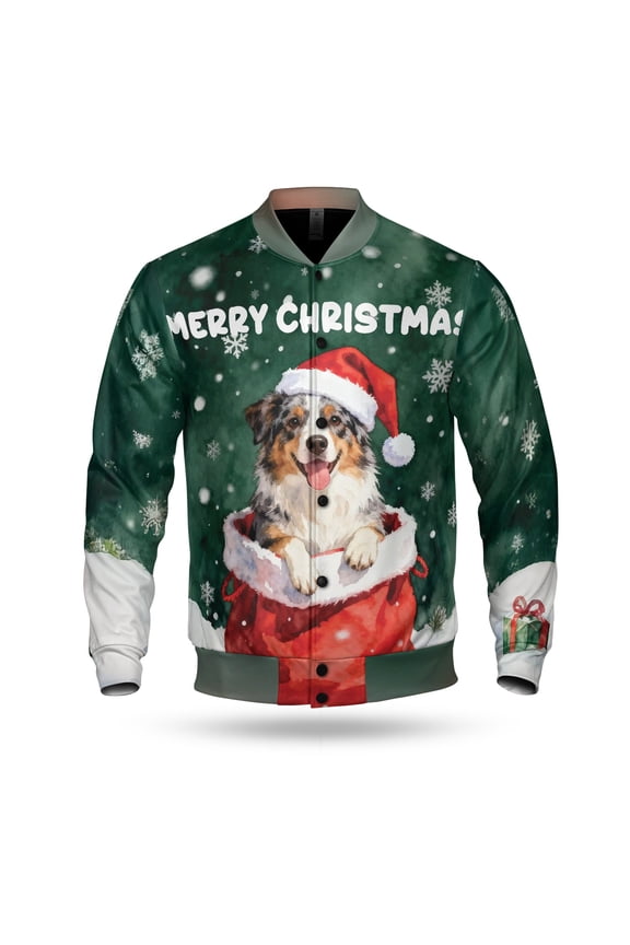 Santa Surprise Gift Australian Shepherd Merry Cheerful Christmas All Over Print 3D Baseball Jacket Aussie Dog Lover Gifts Bomber Jacket Softball - 12021