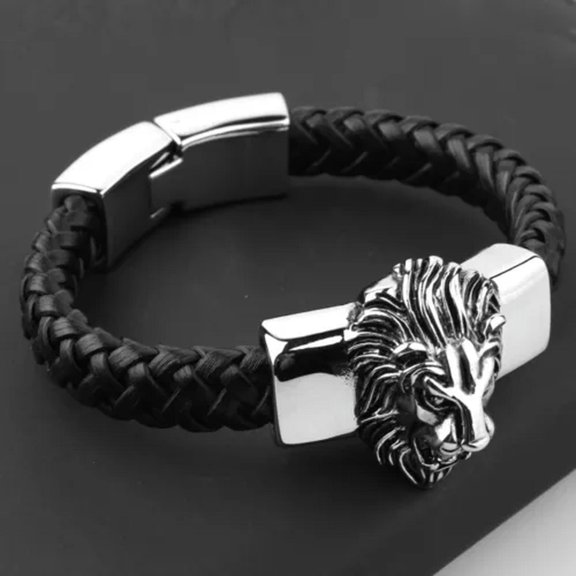 QQTDFG Punk Silver/Gold Lion Stainless Steel Genuine Leather Wristband Bracelet 8.66"-Silver