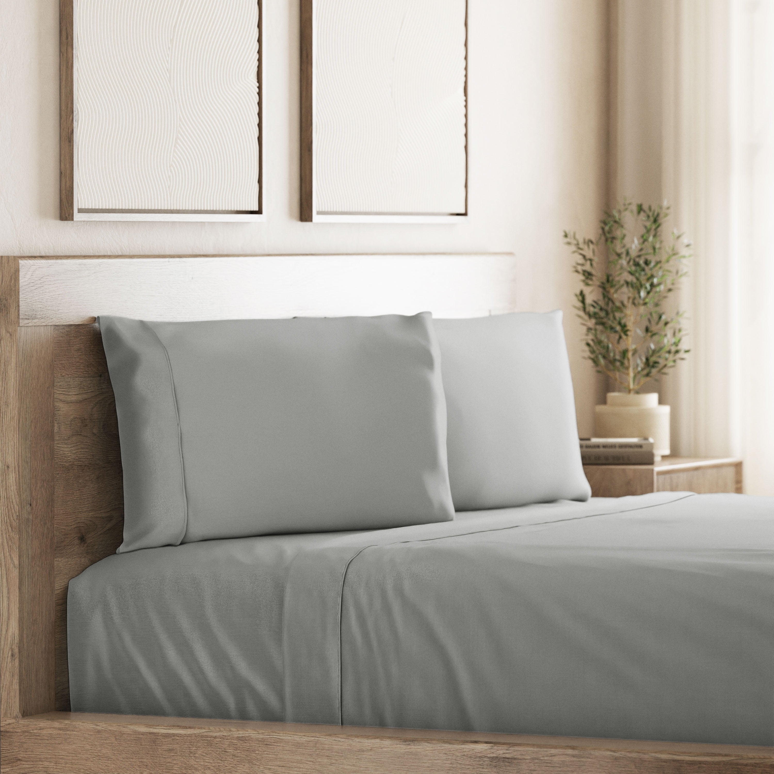 Seed & Stone Recycled Cotton Percale Bed Sheet Set, Soft, with Deep Pockets, King, Gray, 4-Piece