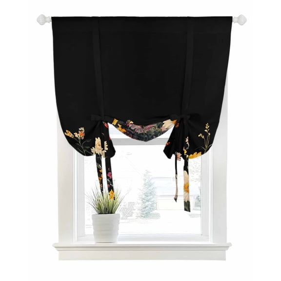 Farmhouse Floral Tie Up Curtains for Window, Thermal Insulated Balloon Shade Adjustable Rod Pocket Curtains Valance Panels for Kitchen Bathroom Cafe 42 x 45 Spring Flowers Black