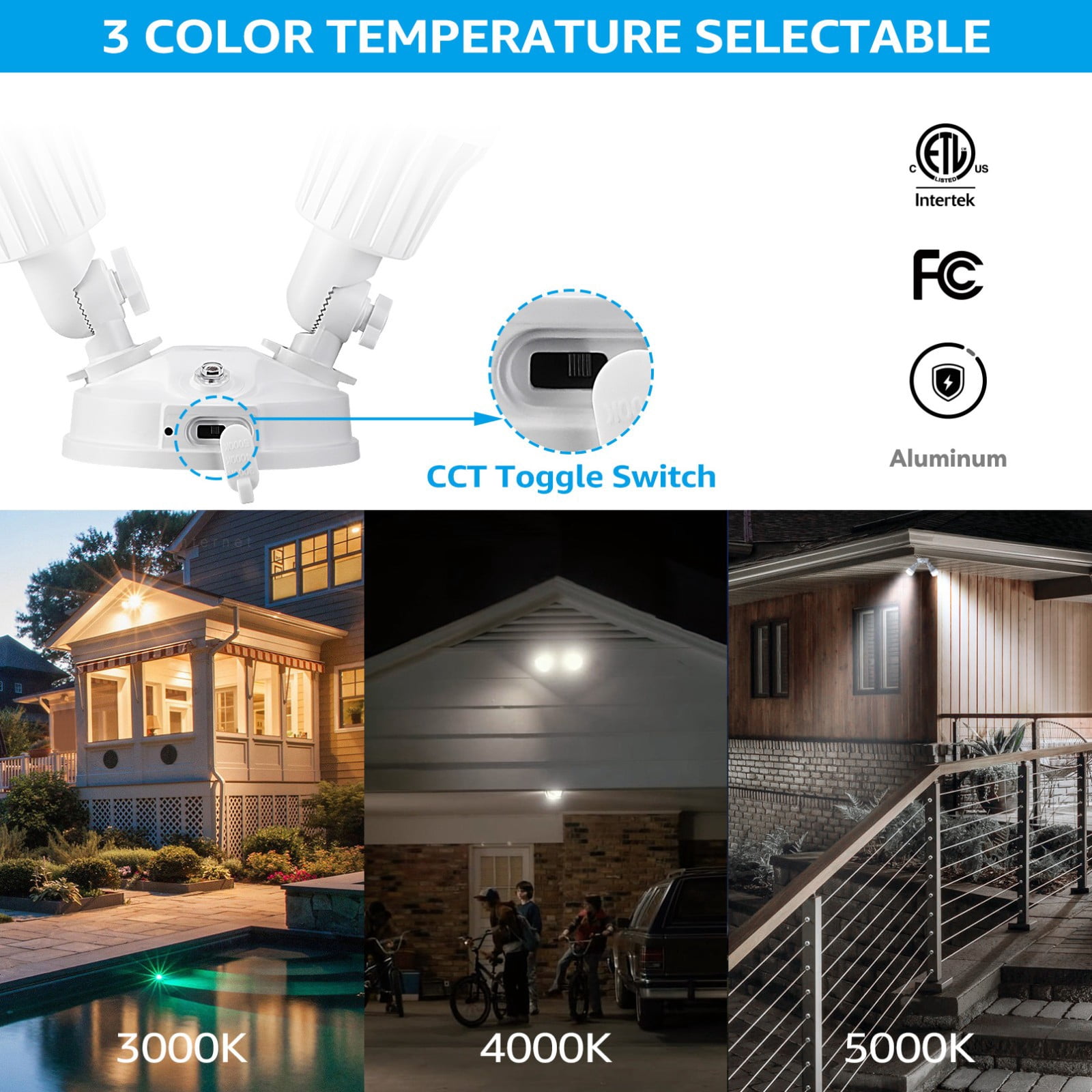 4 Pack 3CCT LED Security Lights Dusk to Dawn, 3000K/4000K/5000K Selectable, Photocell Flood Light Outdoor 2-Head Adjustable, 25W(200W Equiv.), Aluminum, White
