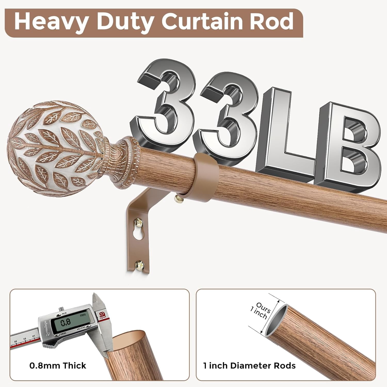 Boho Black Curtain Rod, 1 Inch Decorative Adjustable Heavy Duty Curtain Rods for Windows 30 to 56 Inch, Rustic Window Treatment Rods with Handmade Leaf Finials, Easy Installation