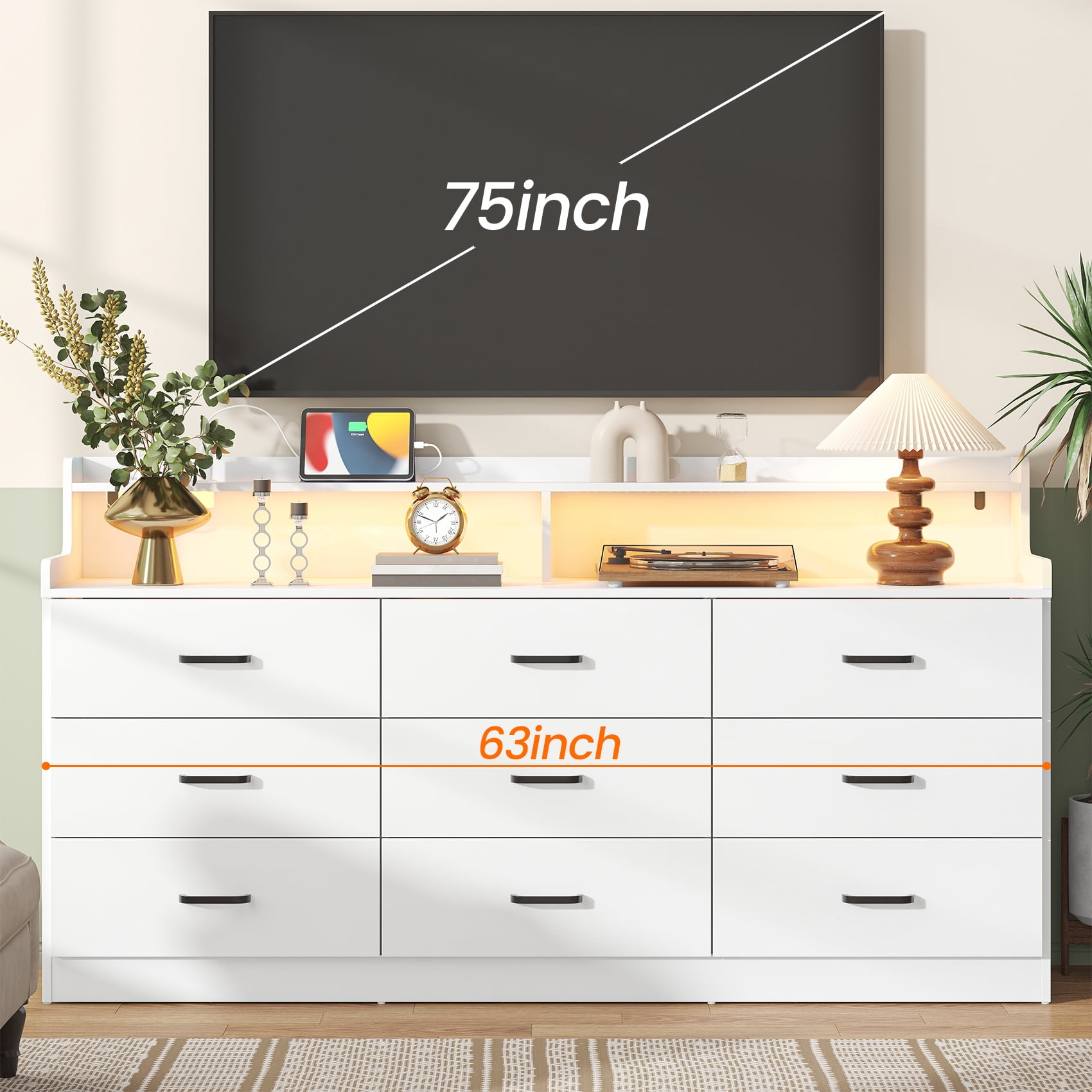 Frmobepts 9 Drawers Dresser, 63" White Drawer Dresser with Power Outlet, Accent Chests of Drawers with LED Light, Modern Storage Dresser for Bedroom, Living Room