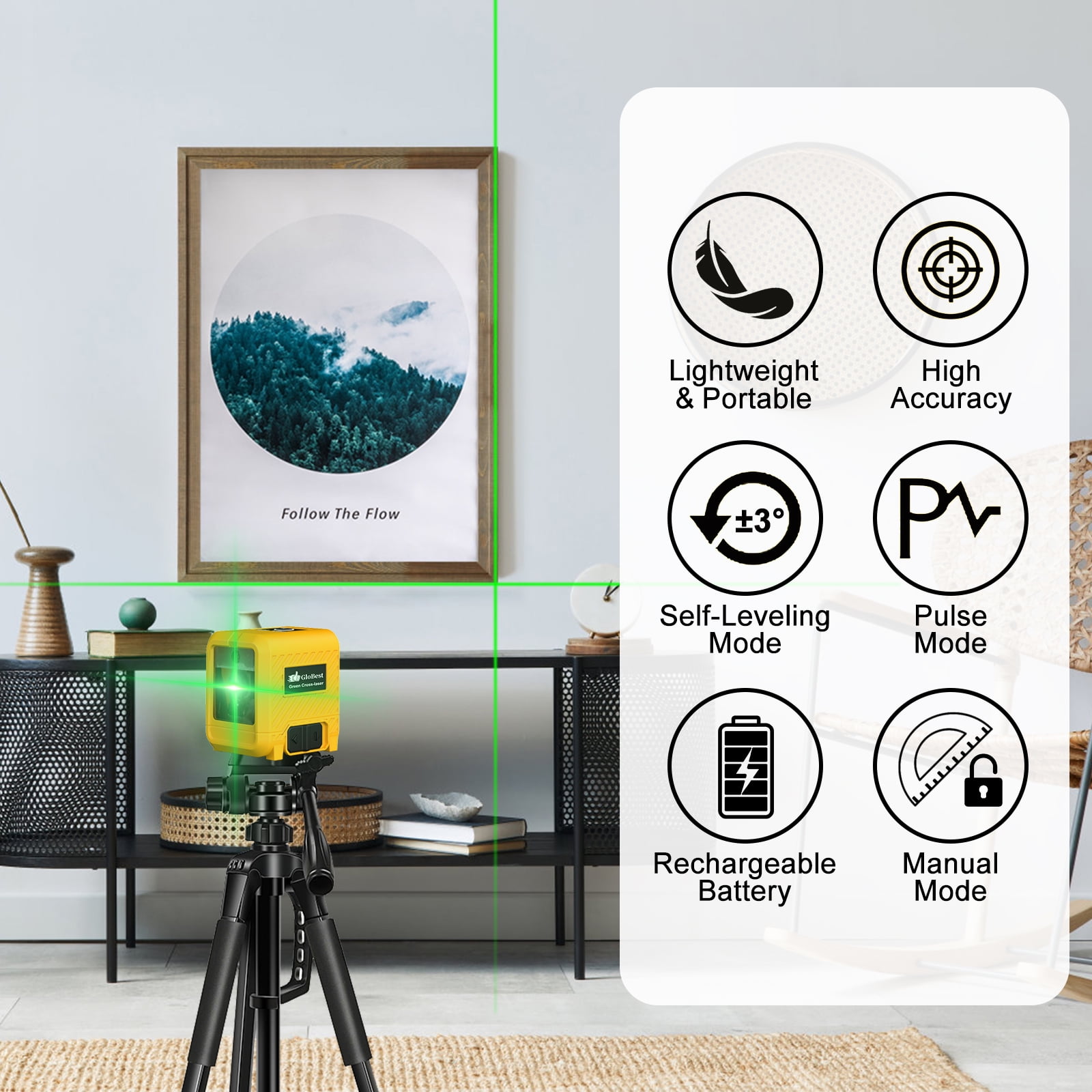 GloBest Portable Rechargeable Green Laser Level, 100ft Range, IP54 Waterproof, Type-C Charging, 360° Magnetic Bracket