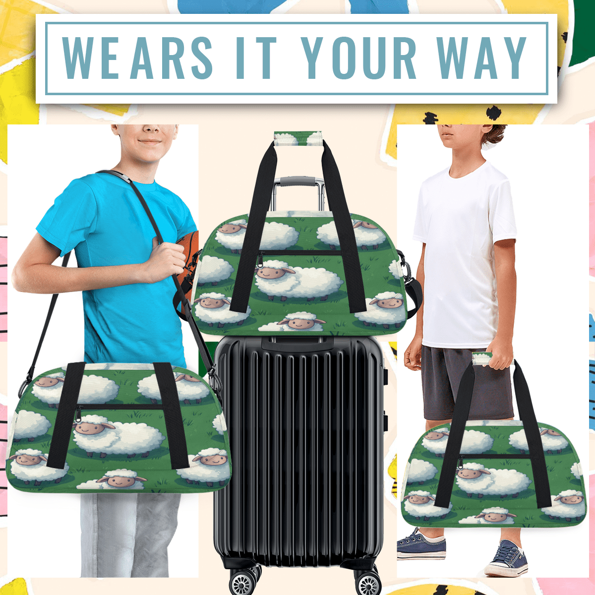 Herdesigns Cute Sheep Sports Duffle Bags Travel Duffle Bag Gym Bag Cartoon Weekender Travel Bag Waterproof Overnight Bag Carry On Travel Tote Bag Dance Bags