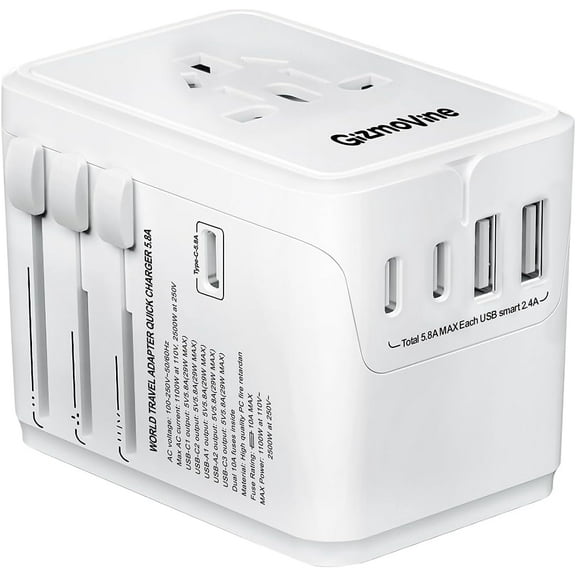Universal International Plug Travel Adapter, 6 in 1 Wall Charger with 3 Type-C 5.8A 29W PD Fast Charging & 2 USB-A 5.8A & Multi AC Outlet Adaptor for USA EU UK AUS 200+ Countries