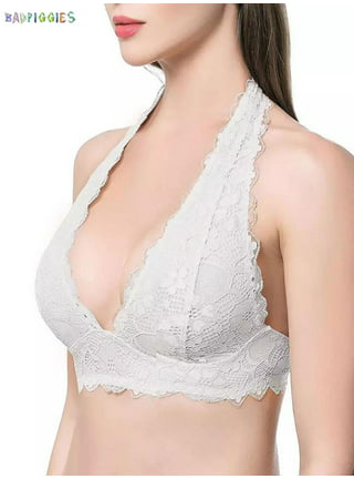 Luxtrada Women Lace Bra Halter Bralette Underwear Deep V Lingerie Bra Tops  Bustier Bralette S, White 