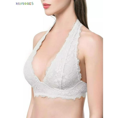 BadPiggies Womens Floral Lace Halter Bra Bralette Top Underwear Sexy Deep V Bustier Bralette Unpadded Wirefree Lingerie (S  White)