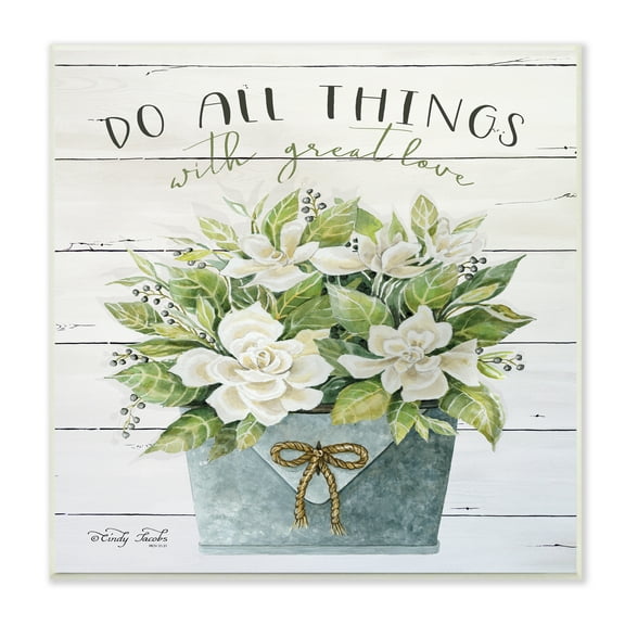 The Stupell Home Decor Do All Things With Great Love Floral Magnolia Pail Planked Look