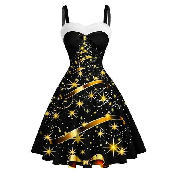 DailyTrove Women's Gold Star Trail Print Fit & Flare Dress, Sleeveless, Evening Party & Date Night Outfit, Shimmery Polyester Blend