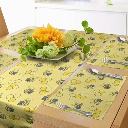 

Cartoon Table Runner & Placemats Repeating Bee Pattern and Honeycomb Motifs in Funny Style Set for Dining Table Decor Placemat 4 pcs + Runner 12 x90 Pastel Yellow and Grey by Ambesonne