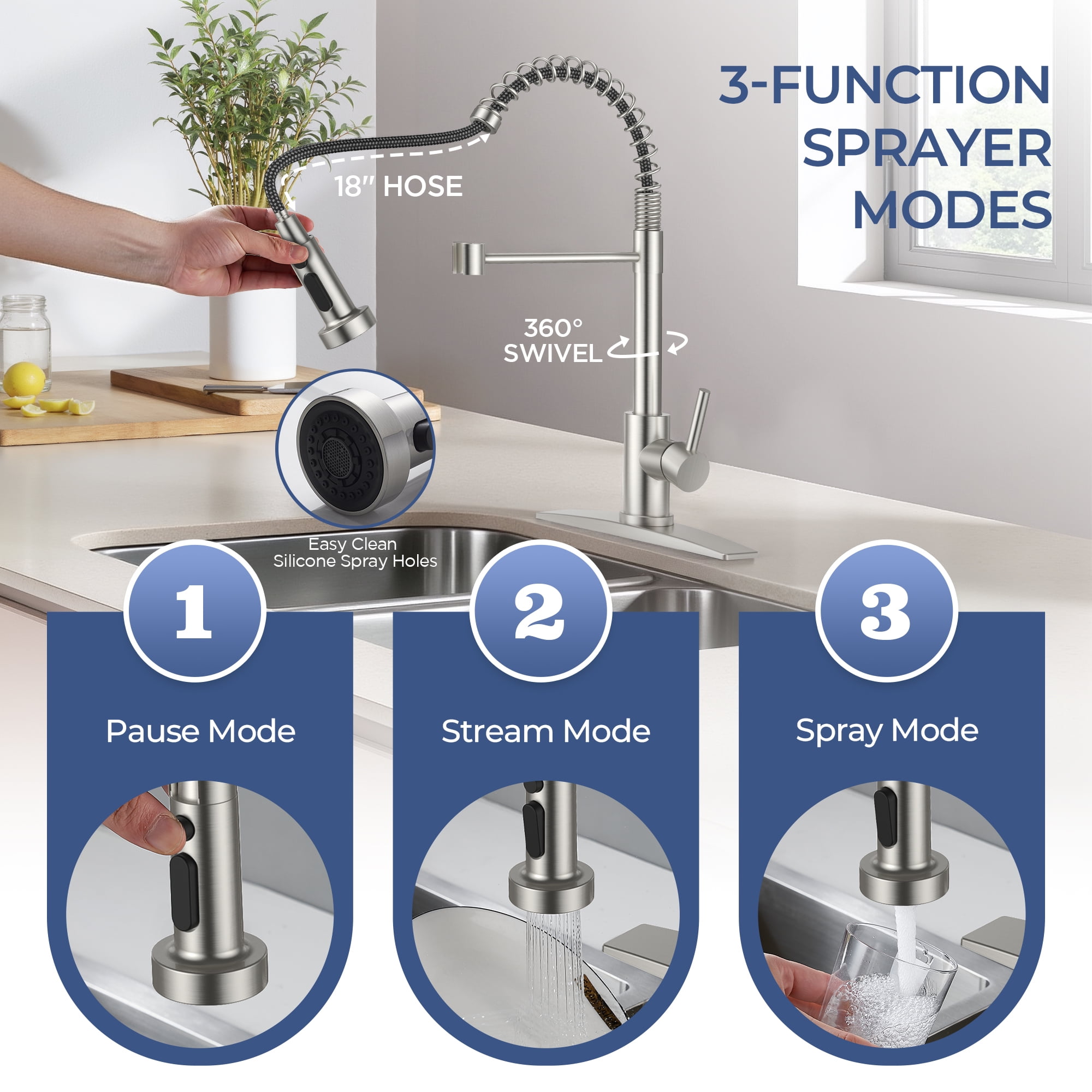 TVOFEK Kitchen Faucets with Pull Down Sprayer 3-Mode, Brushed Nickel Spring Kitchen Sink Faucet with Deck Plate fits 3 Hole for RV Laundry Vessel