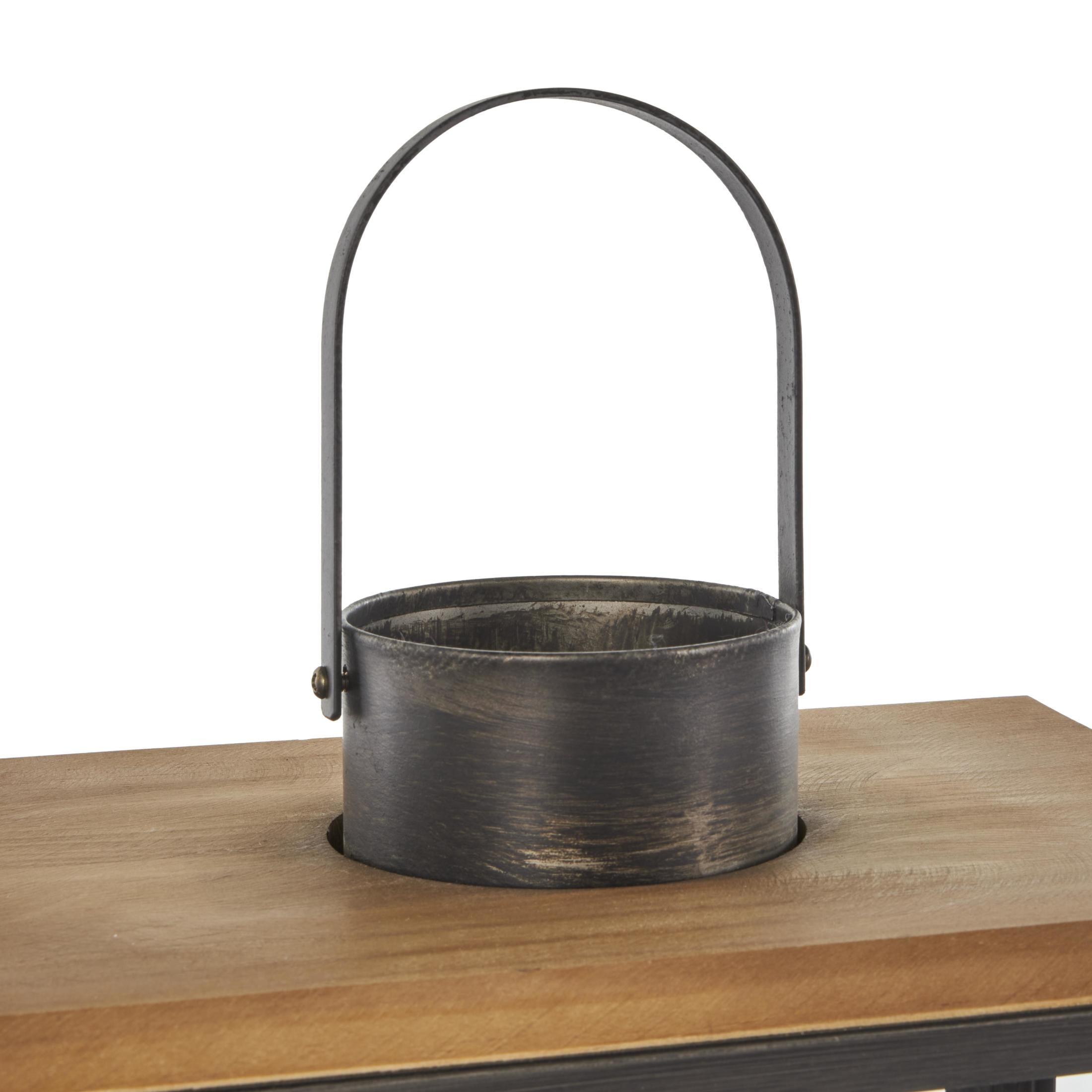 DecMode 2 Holder Dark Gray Metal Brushed Rectangular Candle Lantern with Brown Wood Tops, Set of 2
